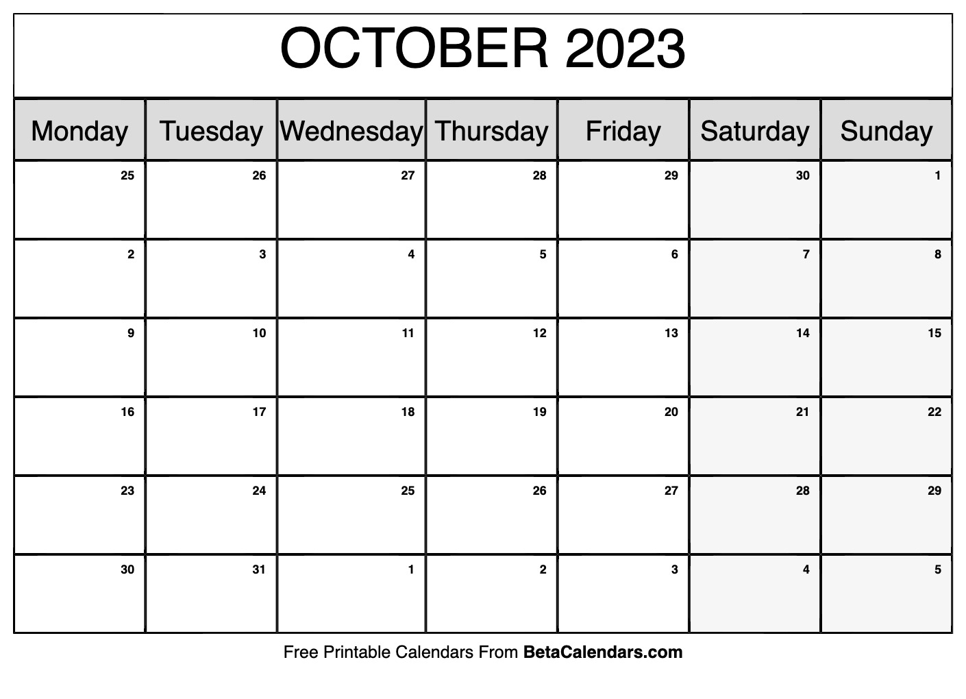 October 2023 Calendar Printable (Monday)