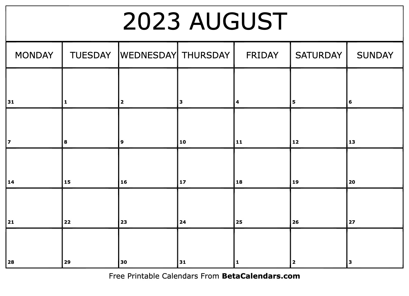 Free Printable August 2023 Calendar