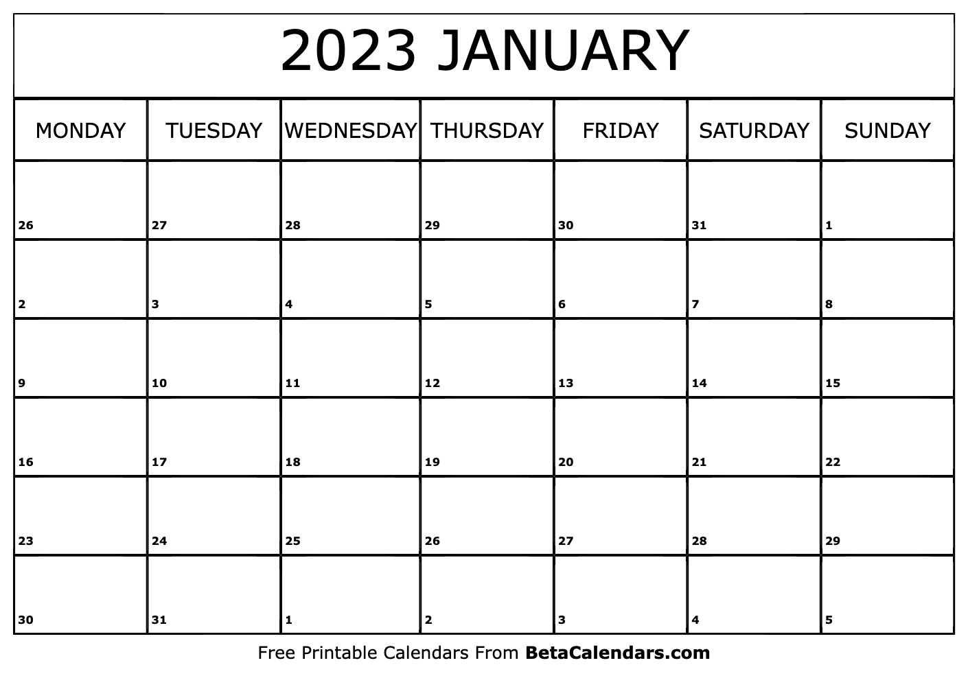 Printable January 2023 Calendar