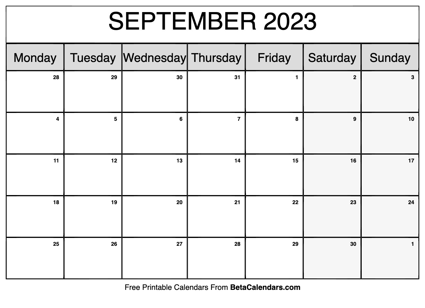 September 2023 Calendar Printable (Monday)