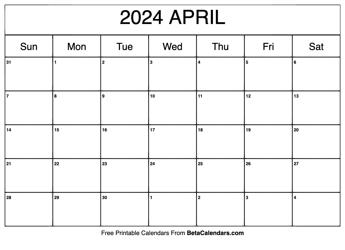 Free Printable April 2024 Calendar