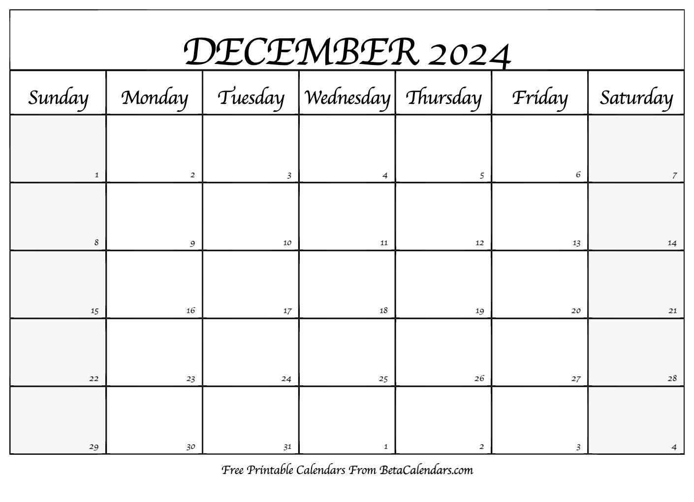 Free Printable December 2024 Calendar