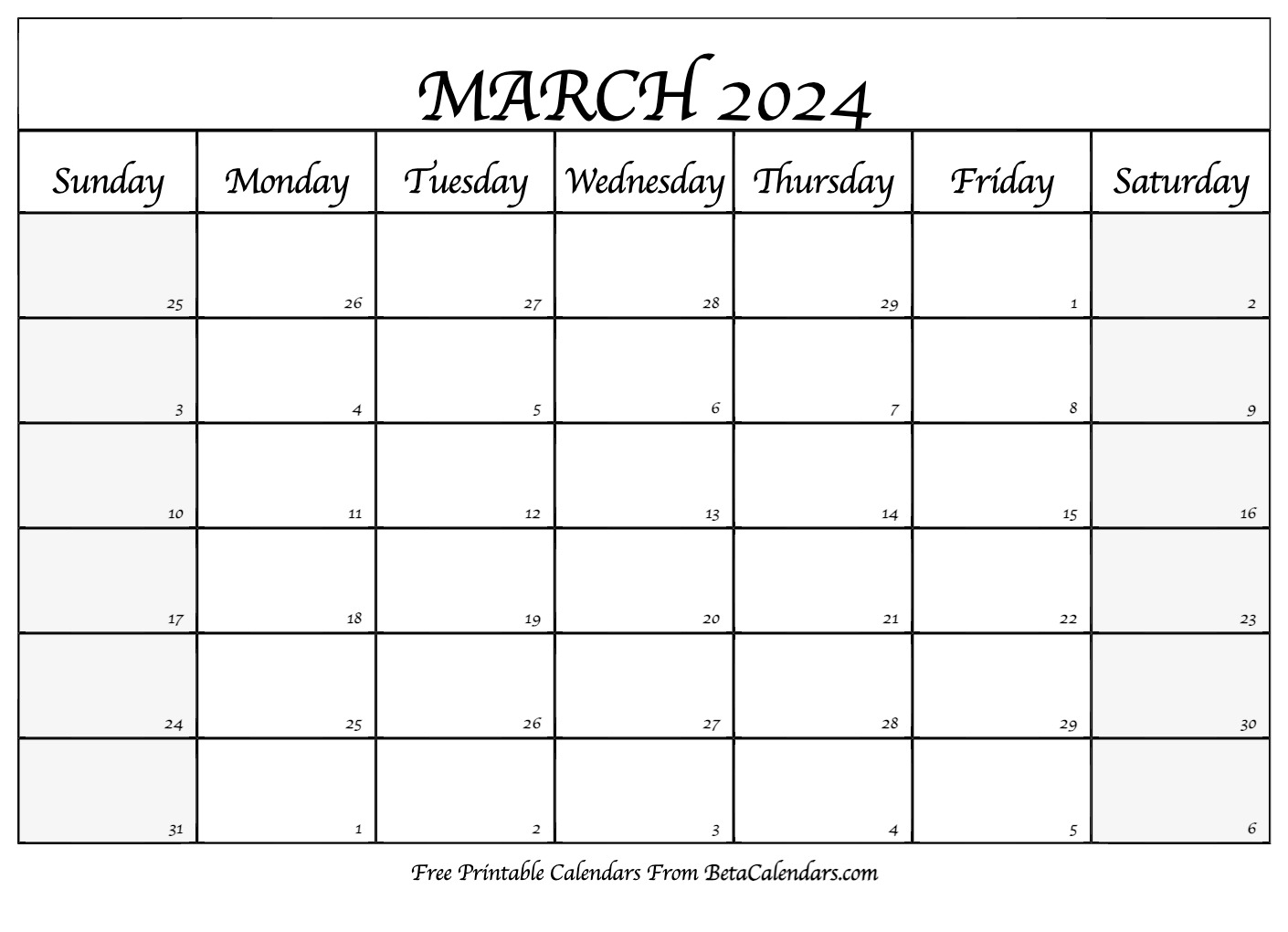 Free Printable March 2024 Calendar