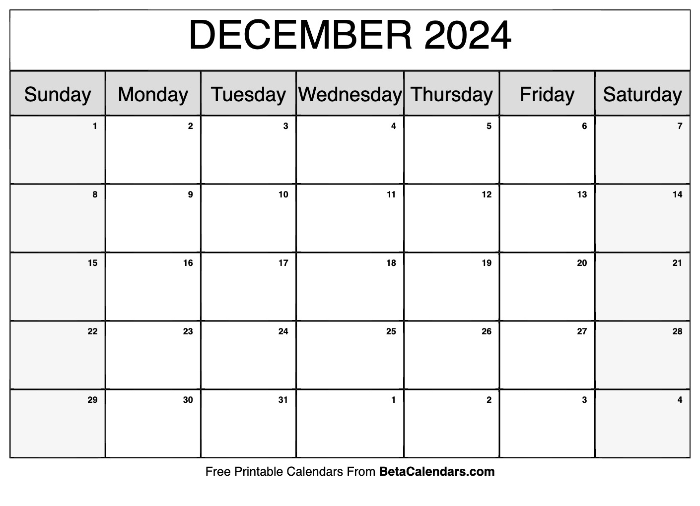 Free Printable December 2024 Calendar