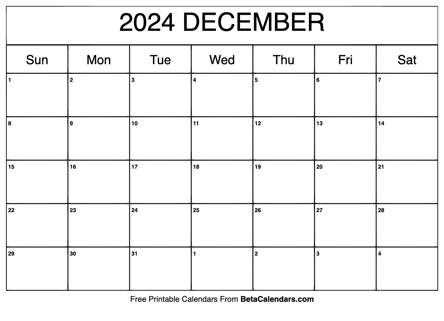 Free Printable December 2024 Calendar