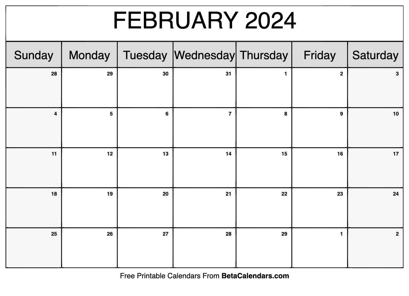 Free Printable February 2024 Calendar