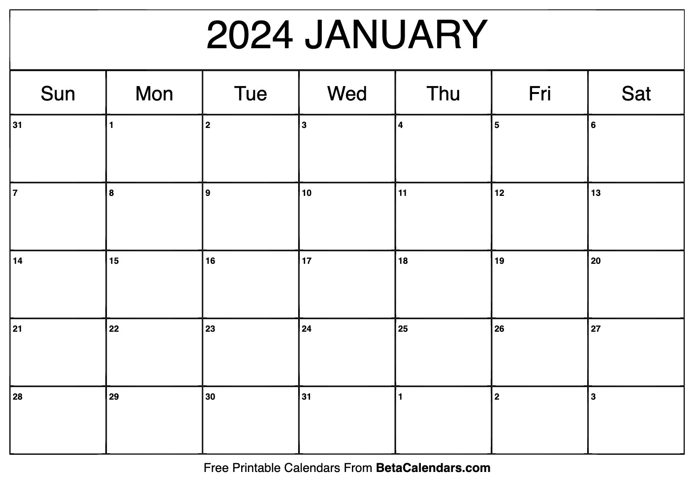 Free Printable January 2024 Calendar