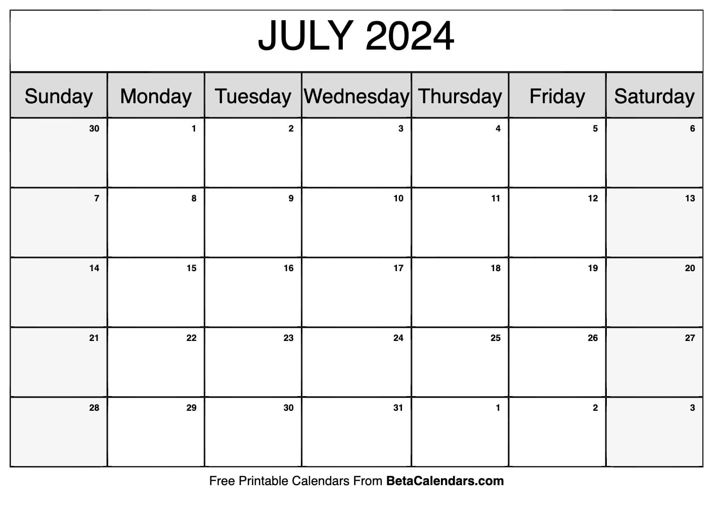 Free Printable July 2024 Calendar