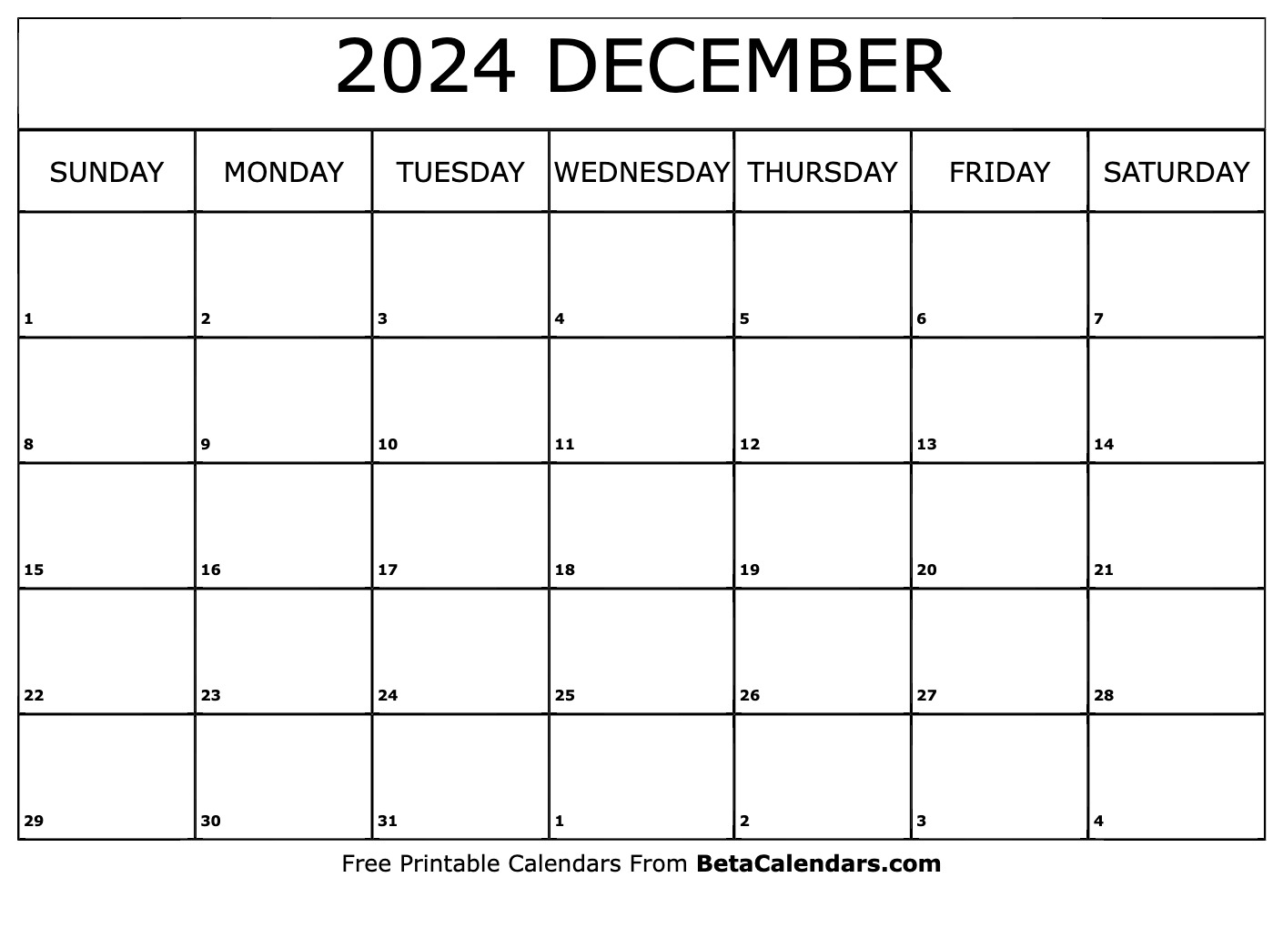 Free Printable December 2024 Calendar