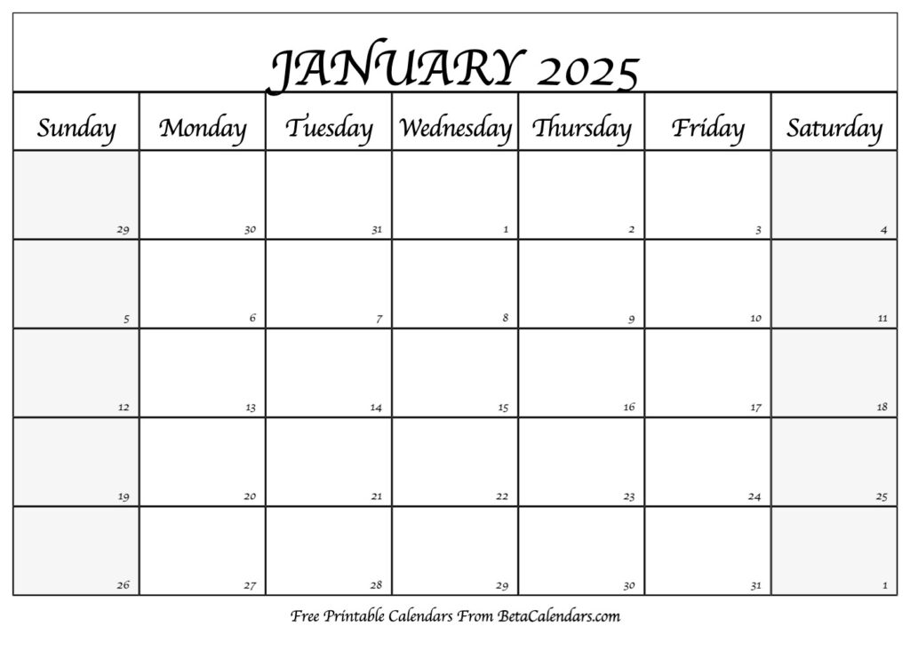 Free Printable January 2025 Calendar