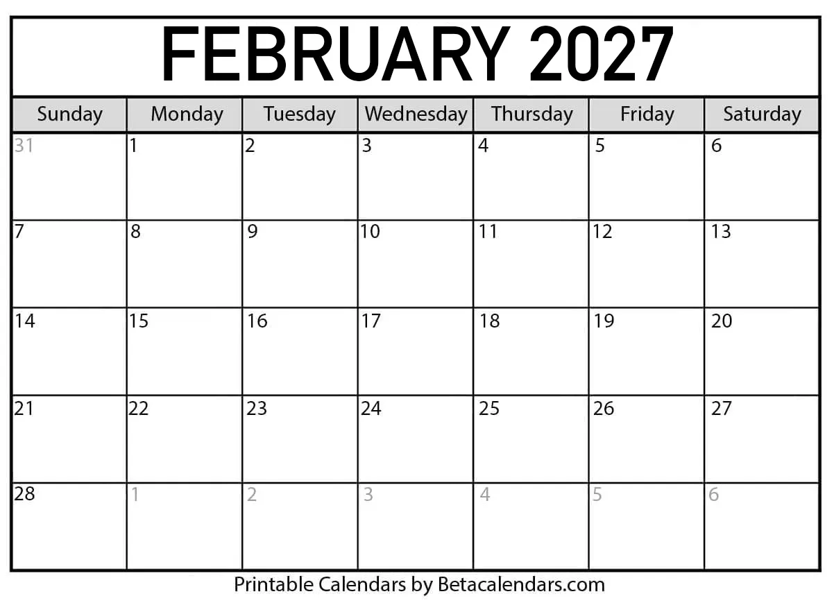 Free Printable February 2027 Calendar