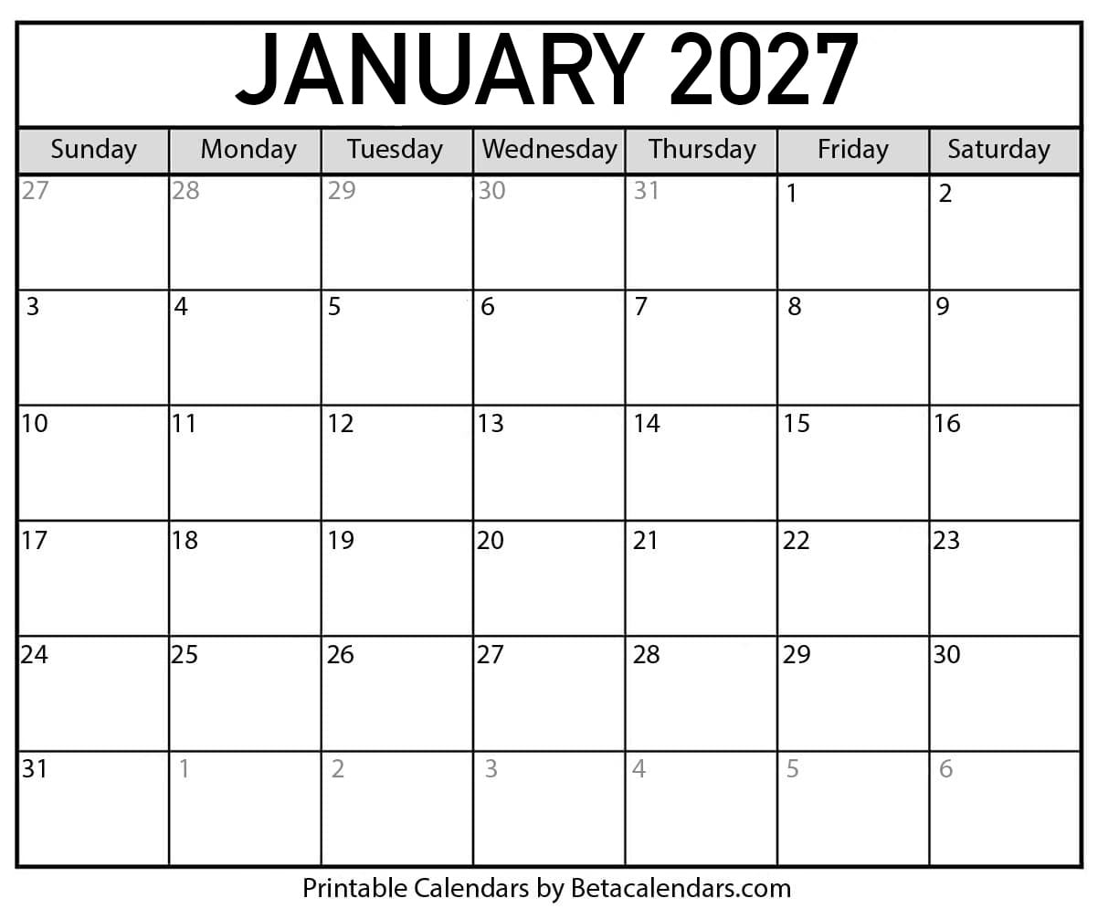 Free Printable January 2027 Calendar