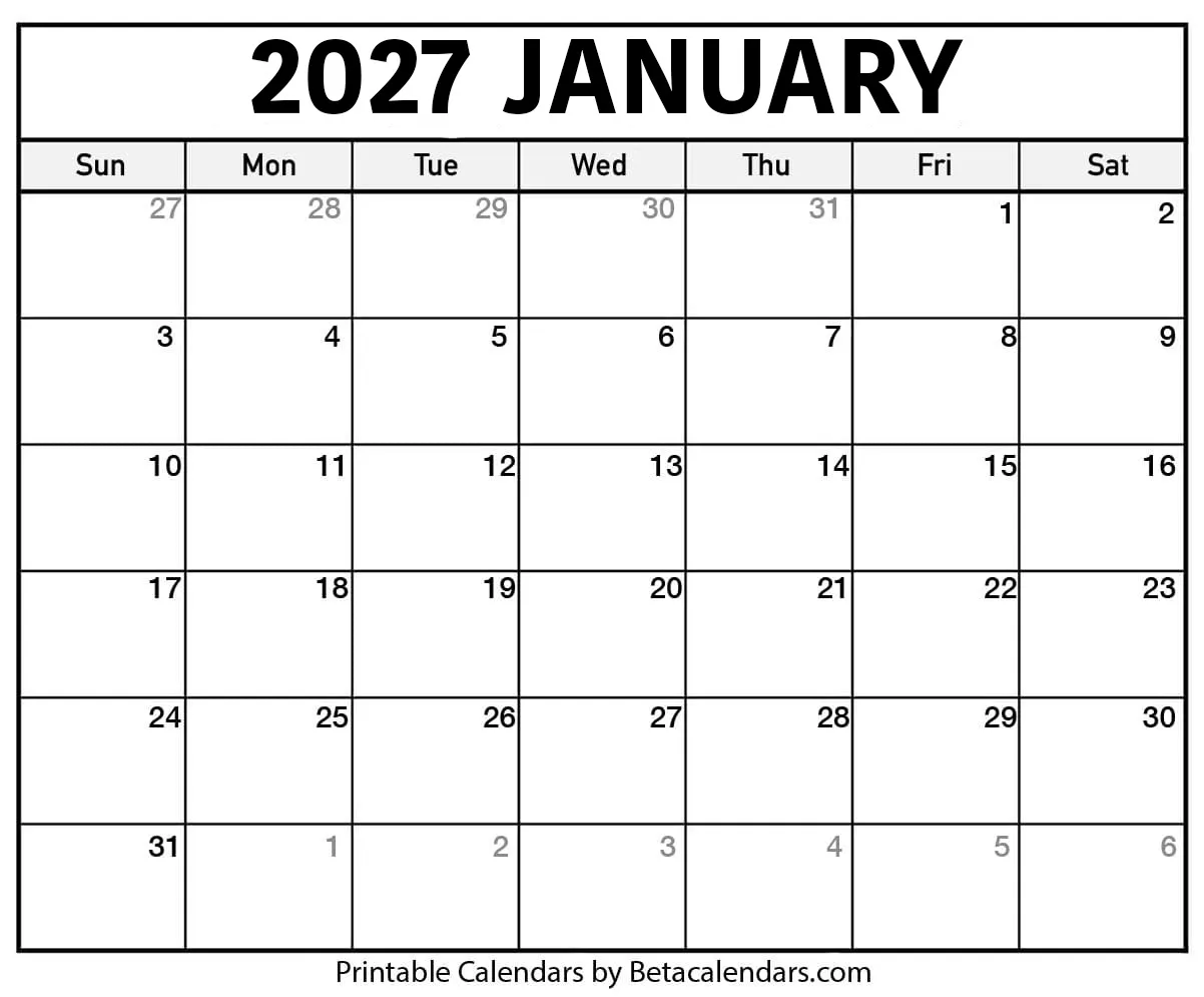 Free Printable January 2027 Calendar